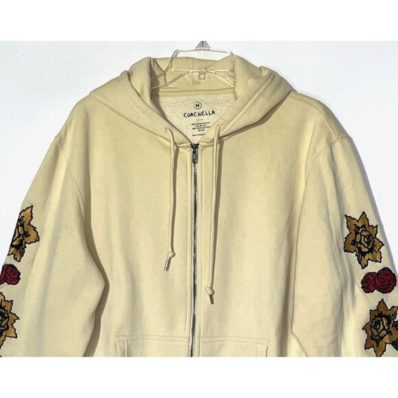 VTG Coachella Music Arts Festival Ivory Embroidered Flowers Zip Hoodie - Picture 5 of 10